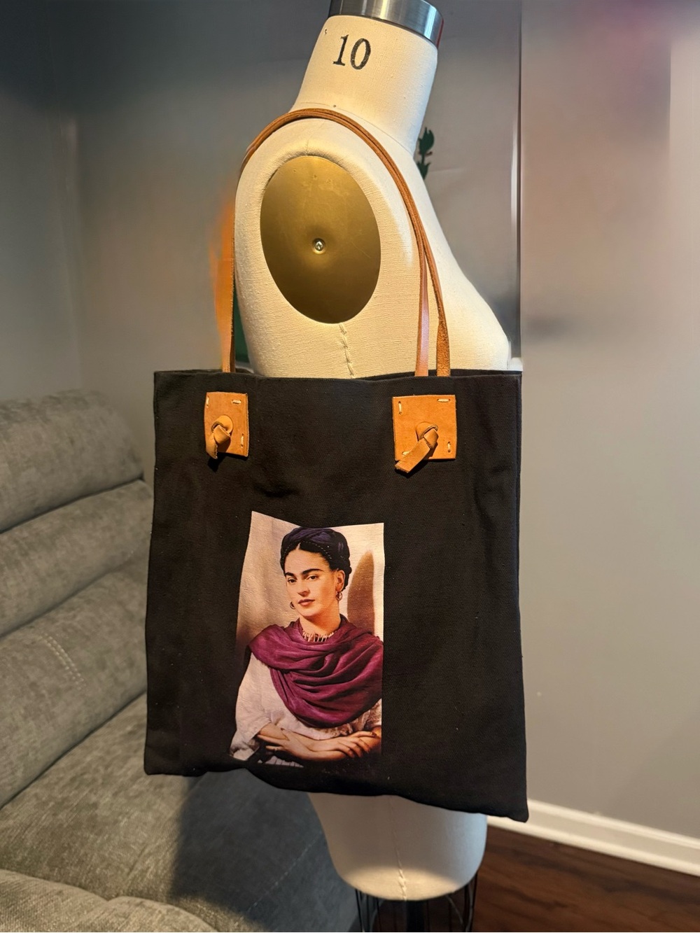 Frida Kahlo Black Canvas Tote Bag w/ Tan Leather Handles